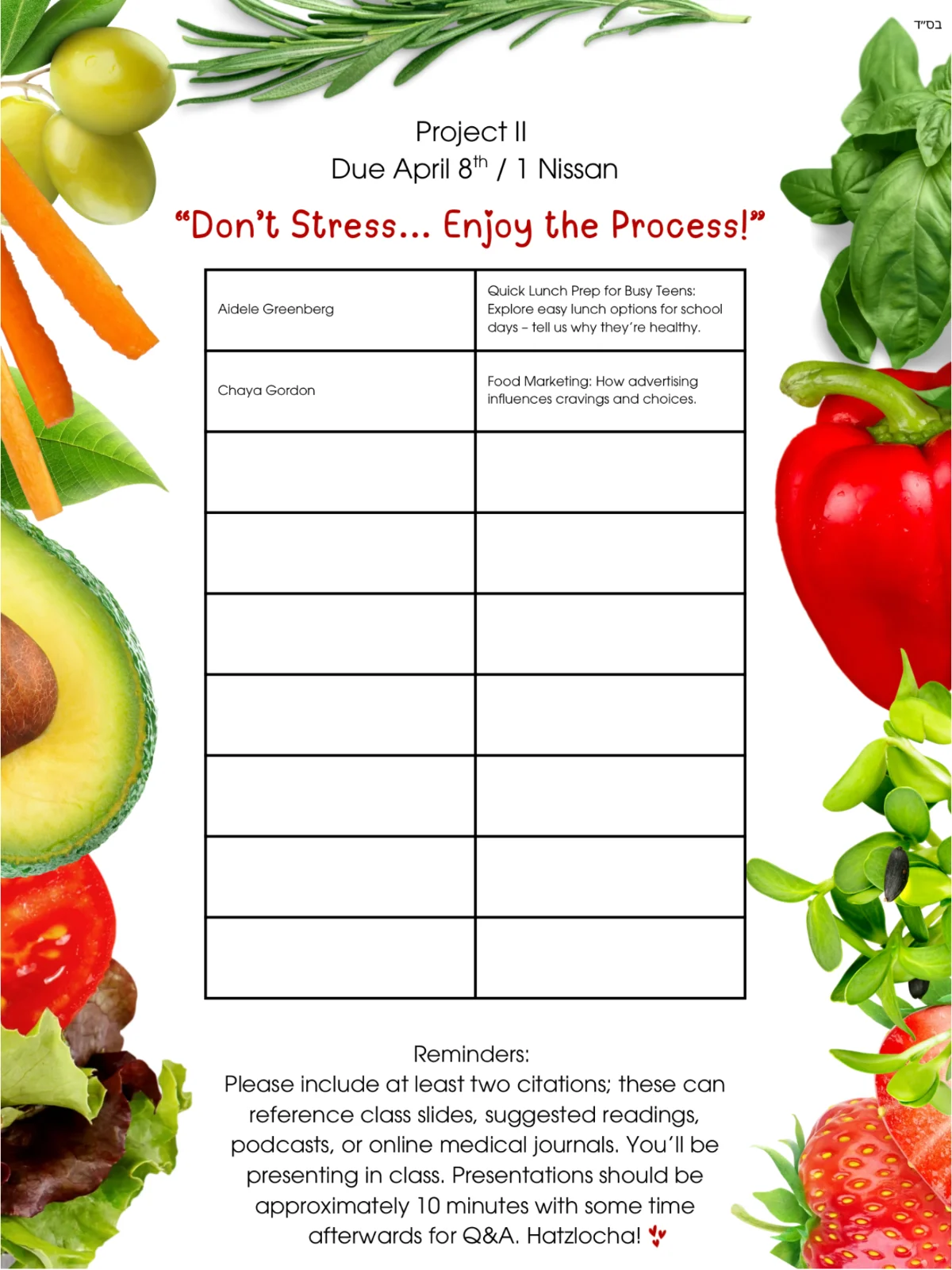 The interactive student project sign-up sheet, listing project topics and student names